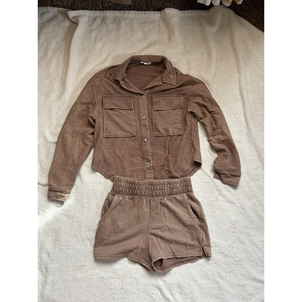 Hippie Rose casual lounge set. Button up top and shorts sets brown